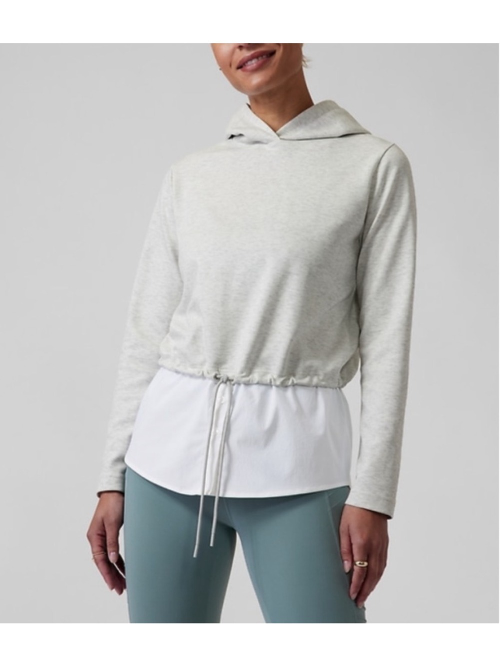 Athleta Gallery Hoodie Size Small Light Grey White Travel Work Poplin Shirt Tail